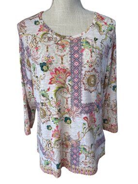 Reba Womens Floral Boho Long Sleeve Top Size L Multicolor Lightweight Scoop Neck
